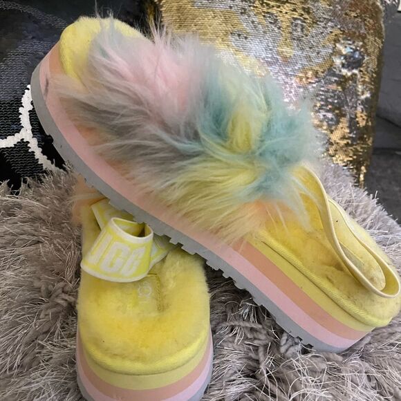 Sz 10 ugg disco fur  fluff slippers unicorn pastel tie dye slingback shoe - Picture 6 of 9
